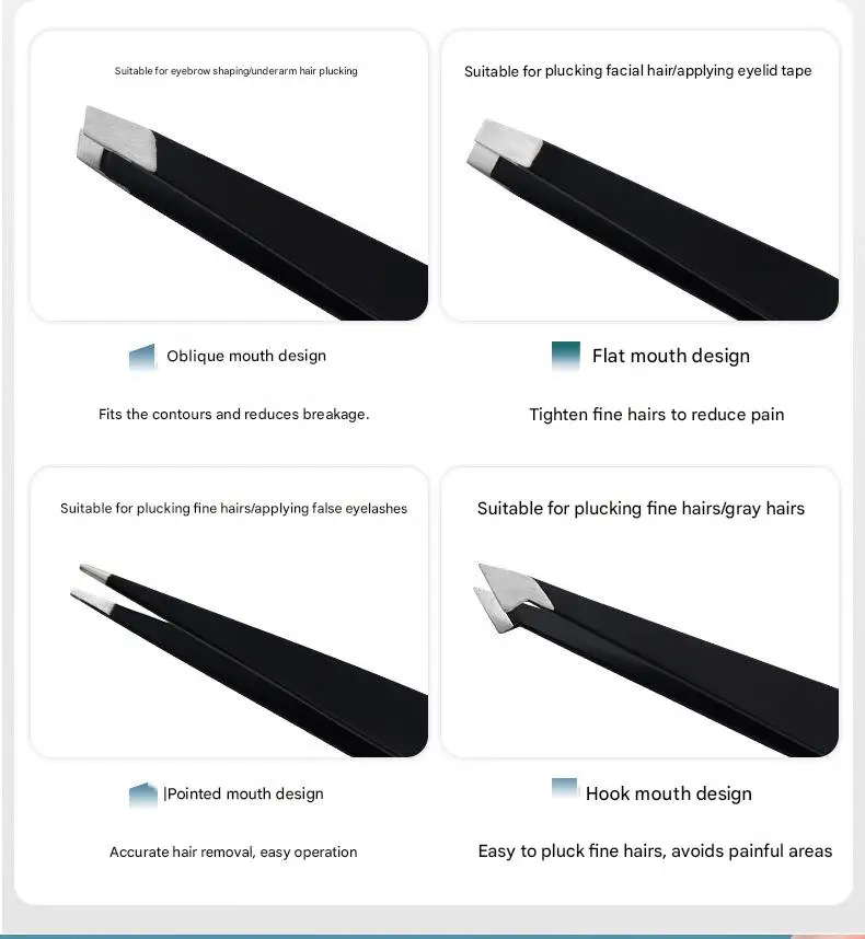 Czarne pęsety do brwi ze stali nierdzewnej z ukośną końcówką, zestaw narzędzi do depilacji, makijażu, przedłużania rzęs i tworzenia podwójnych powiek.