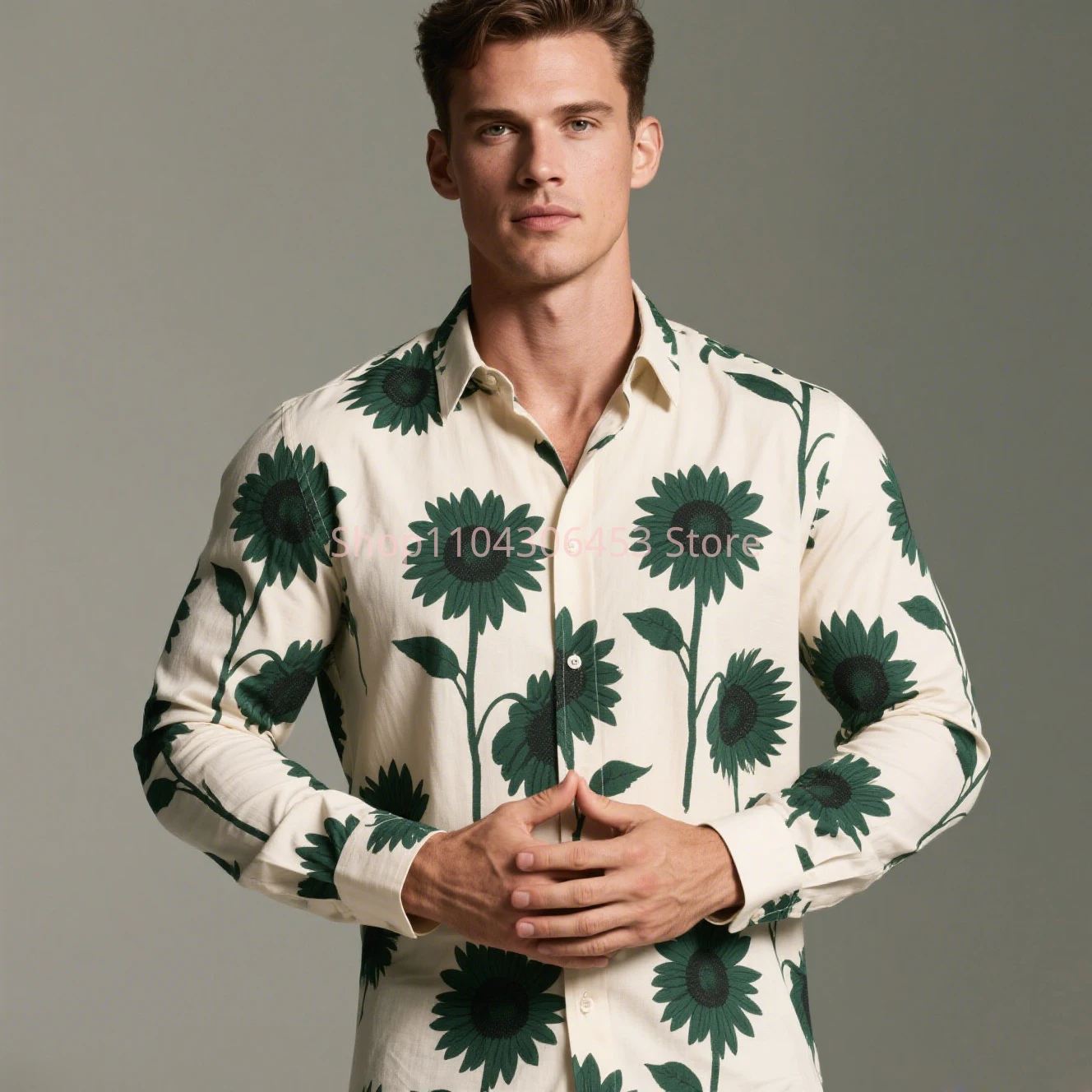 Men's Festive Chrysanthemum 3D Print Original Design Shirt Hawaiian Vacation Casual Long-sleeved Lapel Shirt Business Simple Top