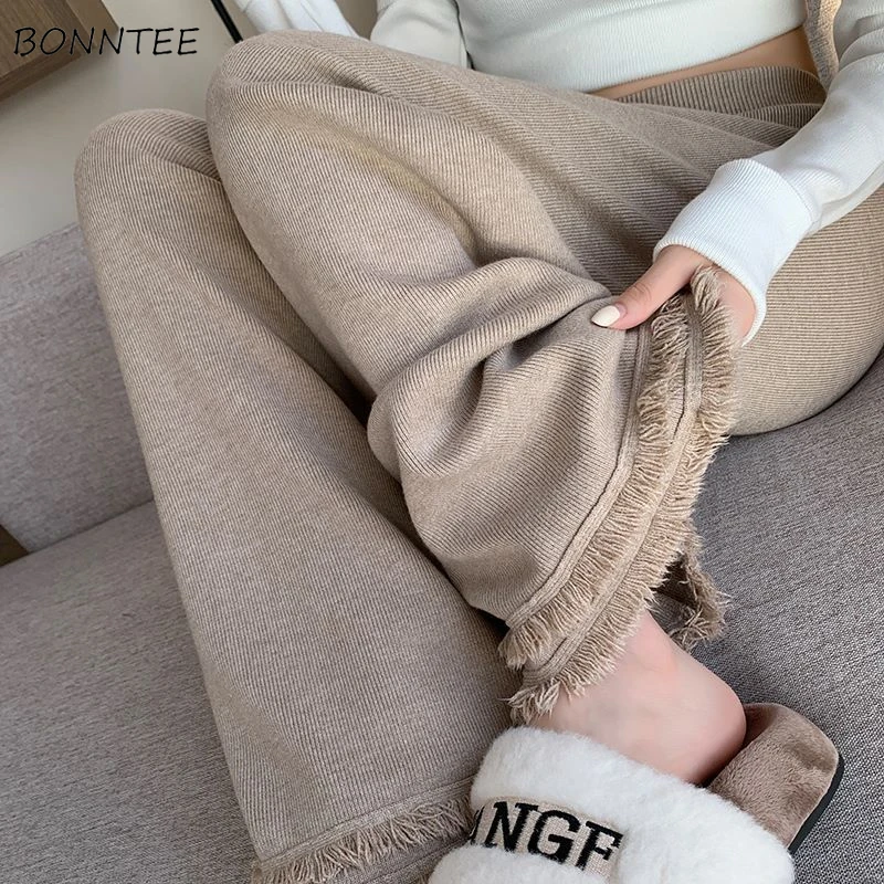 

Pants Women Soft Thicken High Waist Tassel Fur-lined Lazy Korean Fashion Popular Trendy Knitted Wide Leg Trousers Autumn Winter