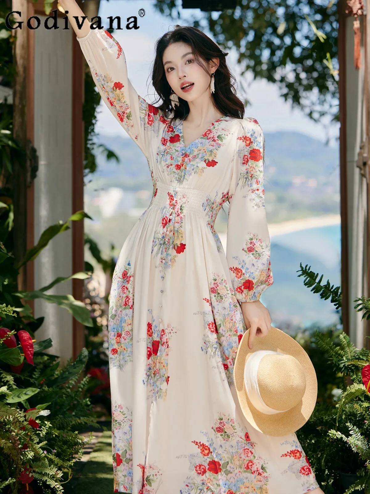 French Retro Sweet Elegant Lady Floral Long-sleeved Dress 2026 Spring New Vacation Style High Waist Split Women's Long Dress