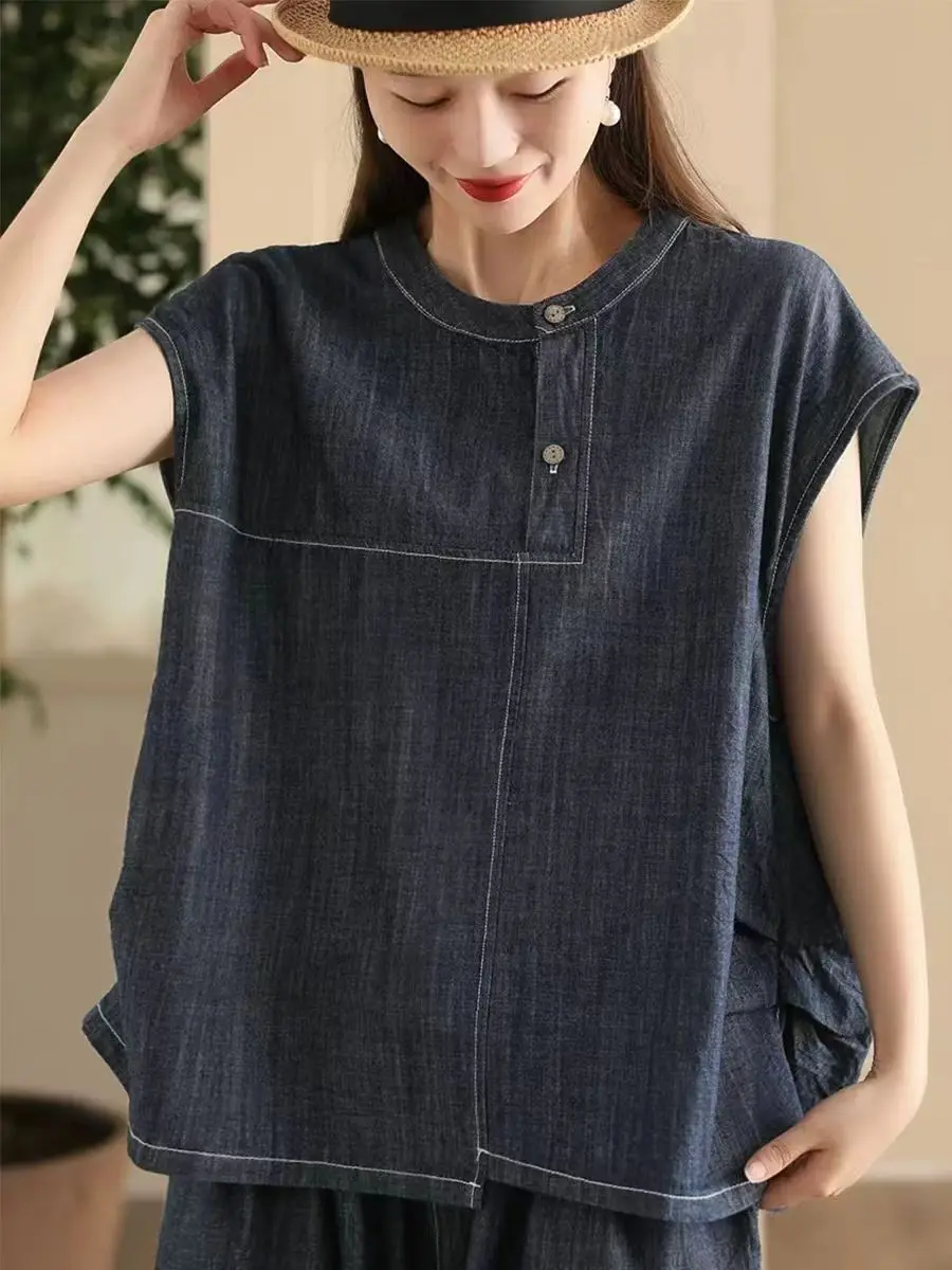 

Retro Salted Jeans irt Women Summer Faion Pleated Slim Fit Overhead Loose Slimming Top round Ne ort Sve Color