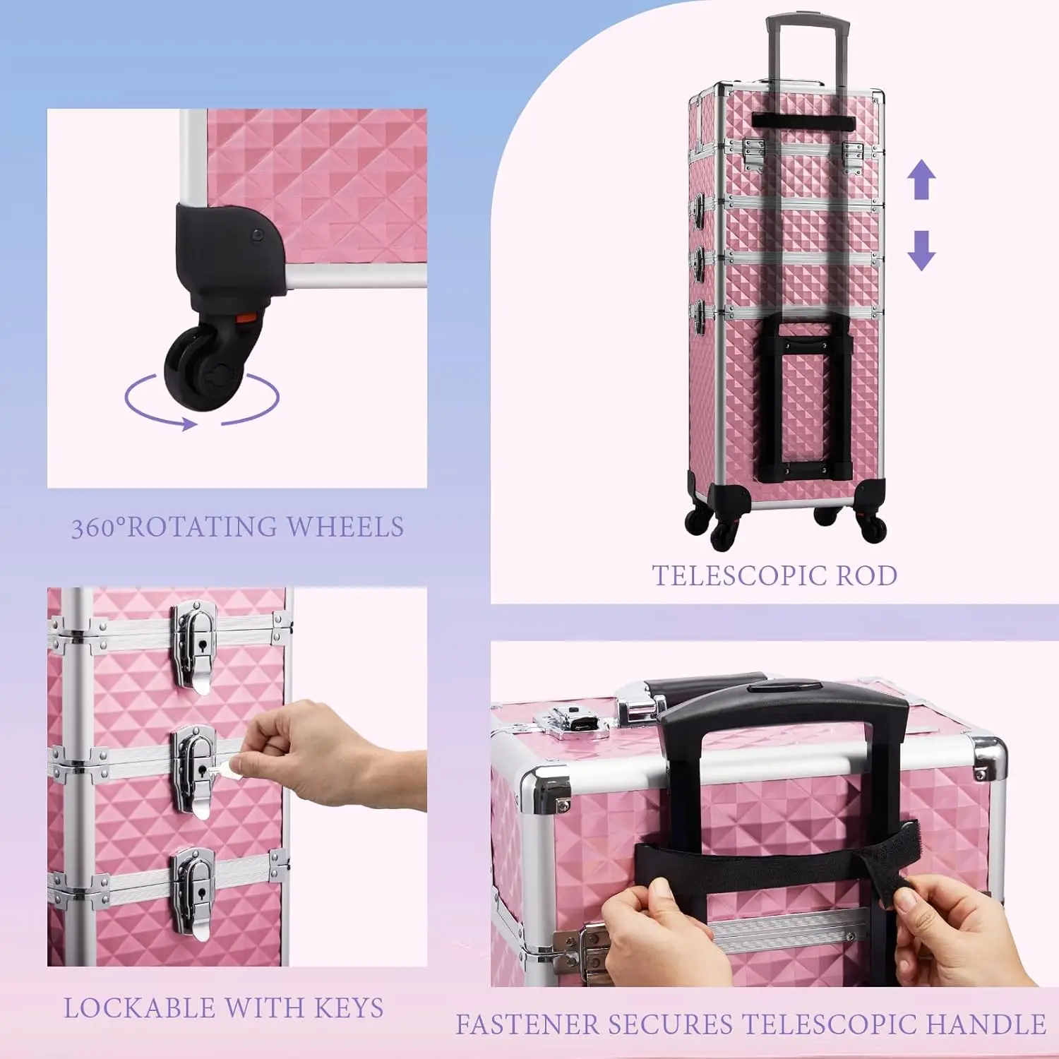 Stagiant Rolling Makeup Train Cosmetische trolley met grote opbergruimte 4-in-1 trolley met grote capaciteit Make-up reisetui met sleutelwartel