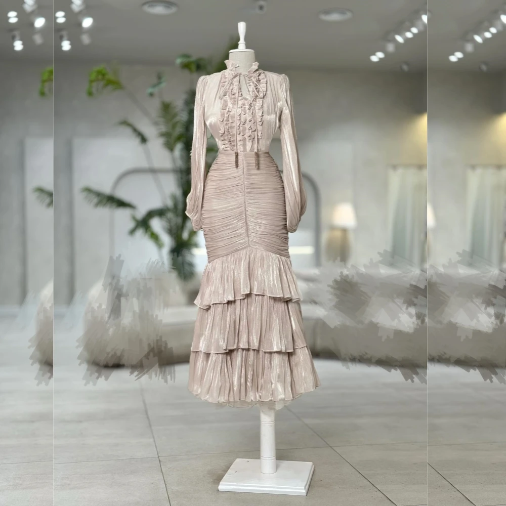 

Customized Pleat Flower Edge Tiered High Collar Mermaid Midi Dresses Bespoke Occasion Elegant Party Homecoming Formal Evening