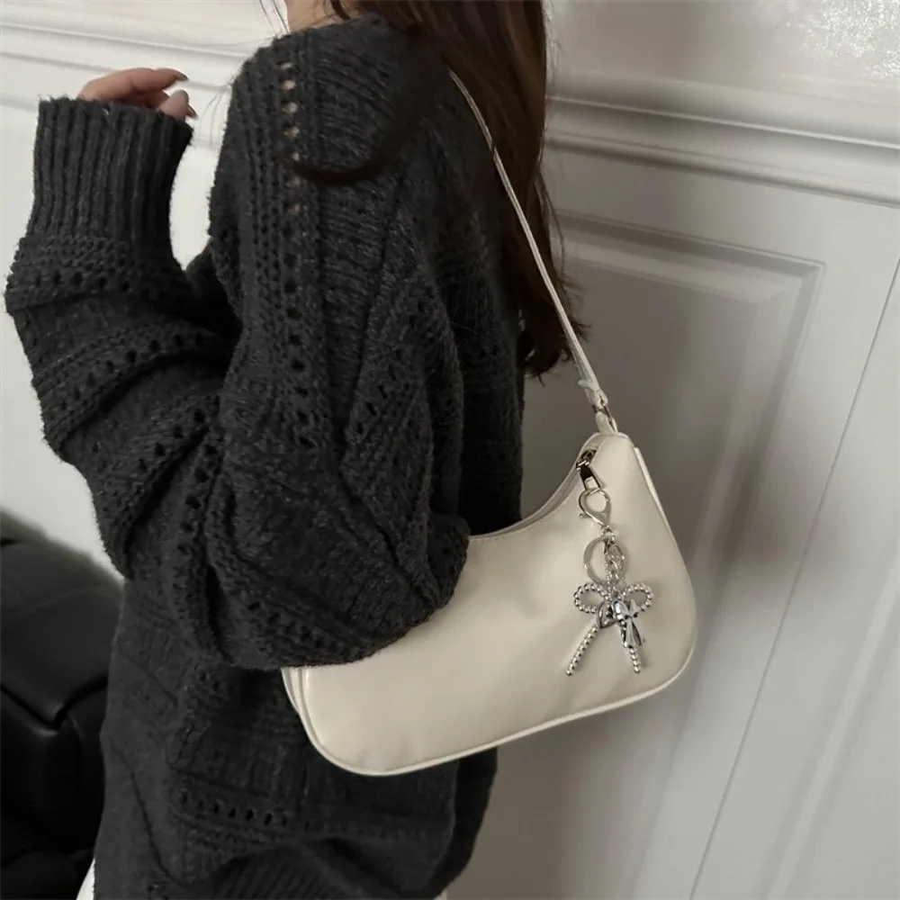 Trendy Elegant Oil Wax Leather Crossbody Bag Solid Color Adjustable Thin Strap Hobo Handbag Soft Bow Pendant Crescent Bag Ladies