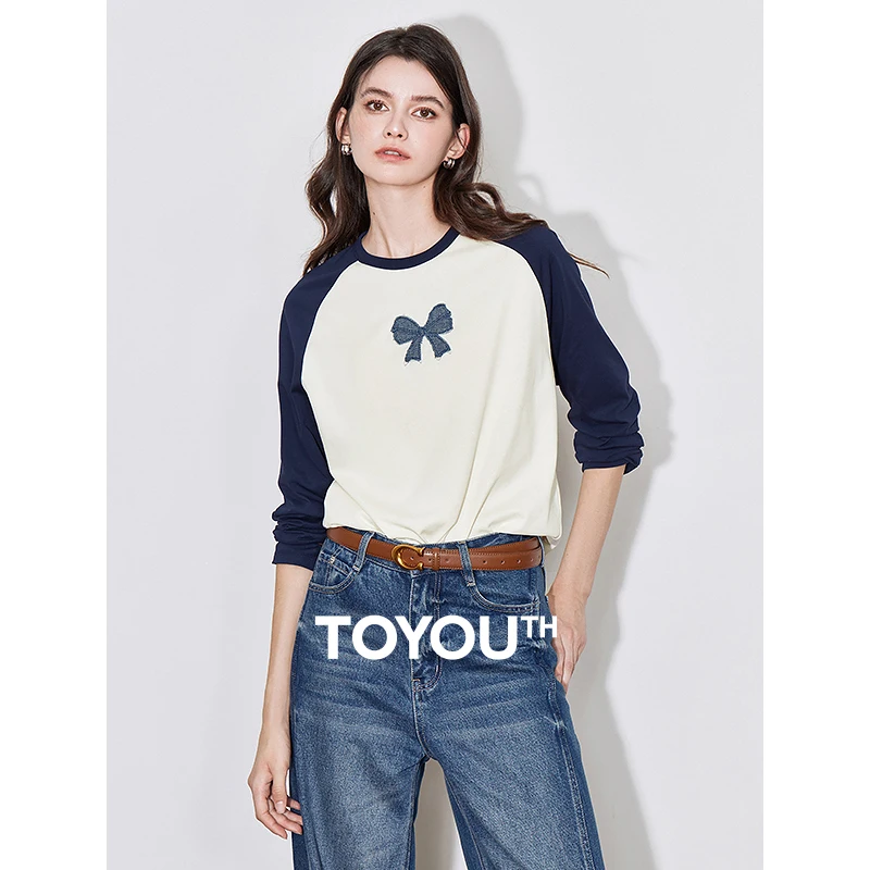 TOYOUTH Women T-shirt 2024 Autumn New Denim Bow Contrasting Color Raglan Sleeve Pullover Casual Tops