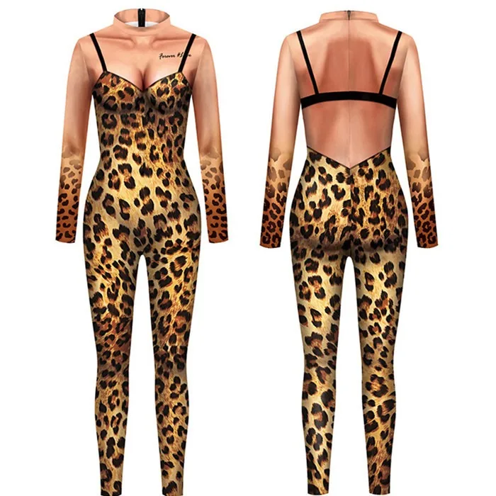 Sexy Halloween Animal Jumpsuit Tiger Cosplay Costume Giraffe Fox Bodysuit Spandex Leopard Catsuit Party Dress Up Zentai Suit - view 3