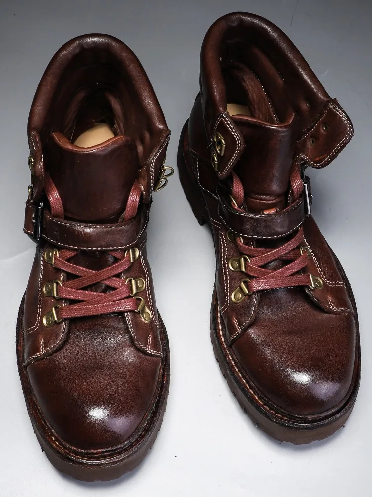 

Retro Men Motorcycle Boots Genuine Leather Lace-up Outdoor Hiking Wear-resistant Work Boots Buckle Strap Rugged Casual Shoes