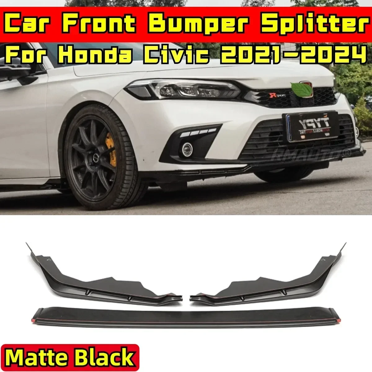 Civic Front Bumper Lip Matte Black MUGEN Style Front Bumper Apron Body Kit For Honda Civic 11th Gen 2021-2024 Car Accessories