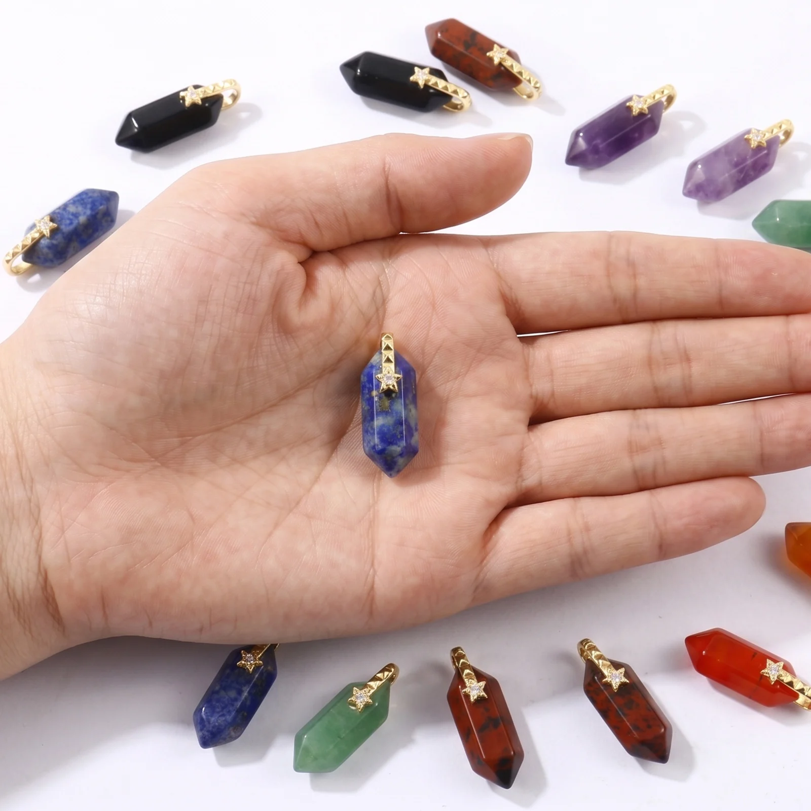 1pc Multicolor Geometric Natural Stone Hexagonal Prism Cubic Zirconia Charms Brass Pendant For DIY Necklace Making Wholesale