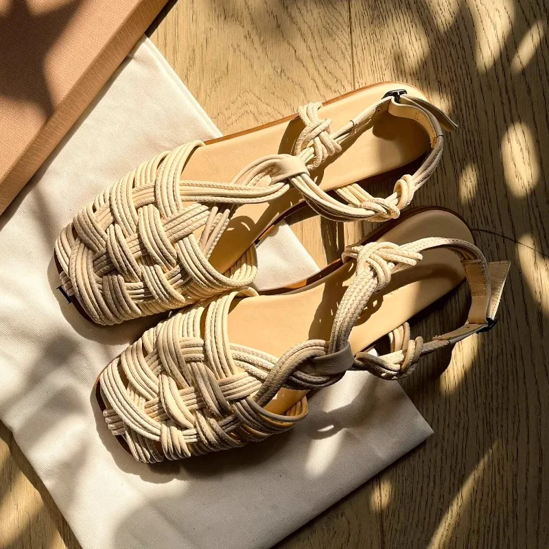 

Винтажные римские сандалии ручной работы на плоской подошве, женская обувь, лето 2022, кожаные повседневные сандалии на плоской подошве с ремешком сзади, Sandalias Mujer