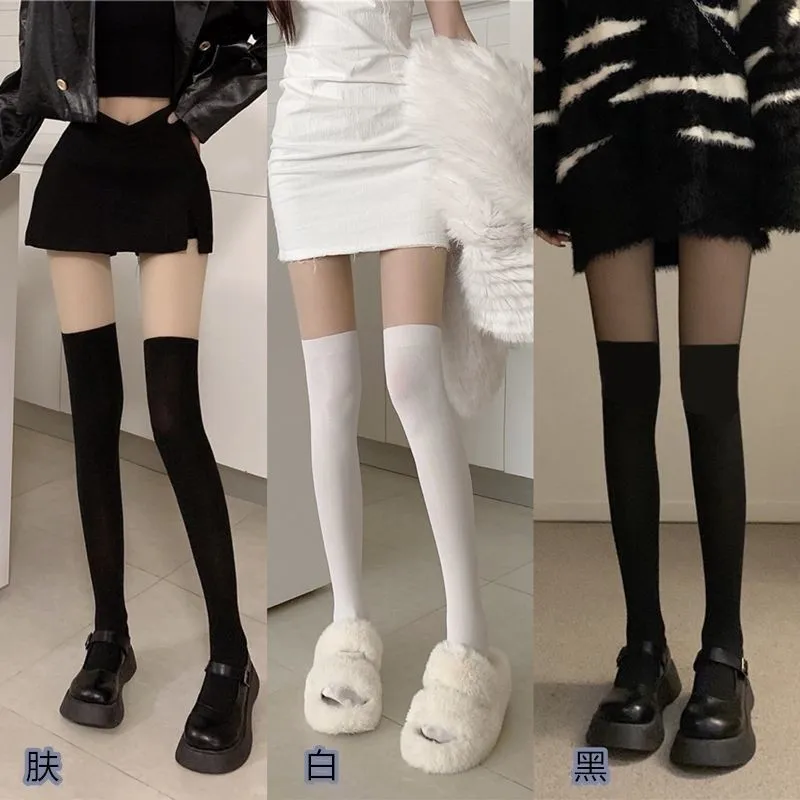 Sweet Lolita JK Spliced Mock‑Calf Pantyhose Women Spring Summer Thin Black Over‑Knee Tights White Socks Elastic Bottom Hosiery