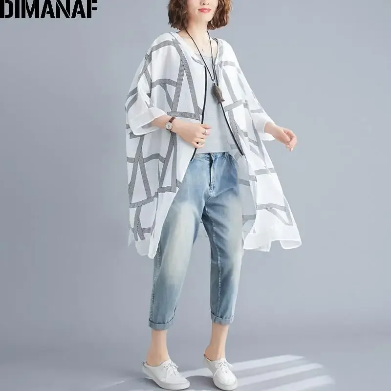 DIMANAF Summer Plus Size Jackets Coats Women Clothing Vintage Print Striped Lady Outerwear Loose Casual Zipper Cardigan Thin