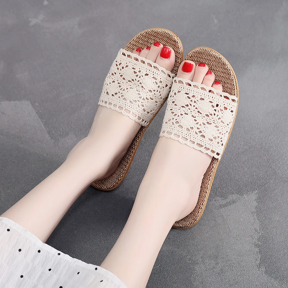 Lace Linen Slippers Women Shoes Home Korean Non-slip Men Slippers Men Shoes Personalized Deodorization