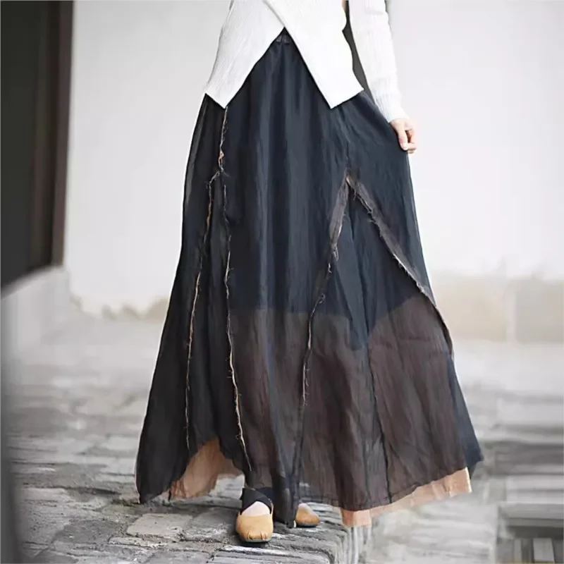 

Retro Casual Irregular Skirt 2024 Women New Spring Summer Spliced Vintage Elastic Waist All-match Skirt