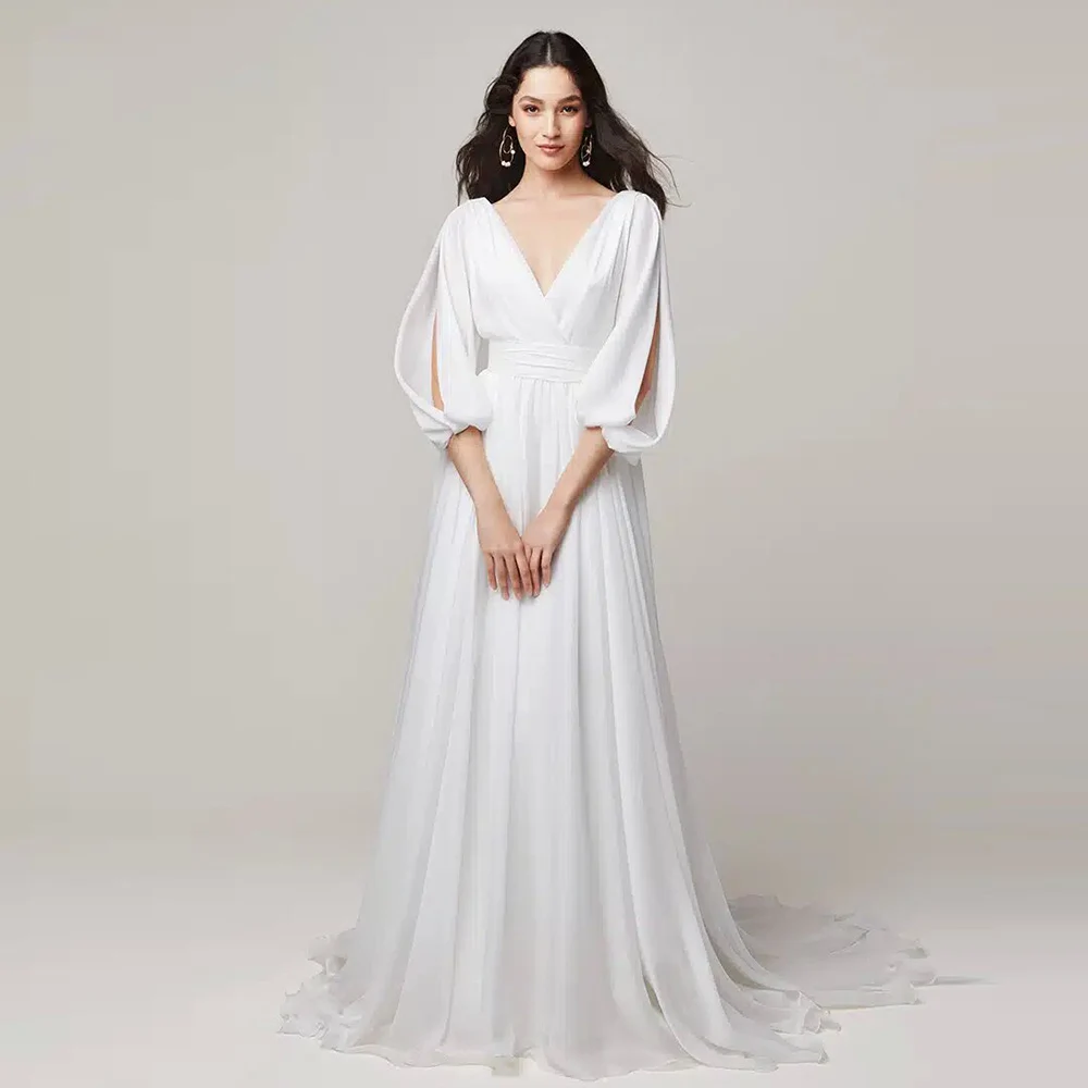 

Elegant Gown White Long Satin Ruched Pleat Button Wedding Party A-line V-neck Gowns for Women 2024 Bride Simple Wedding Dress