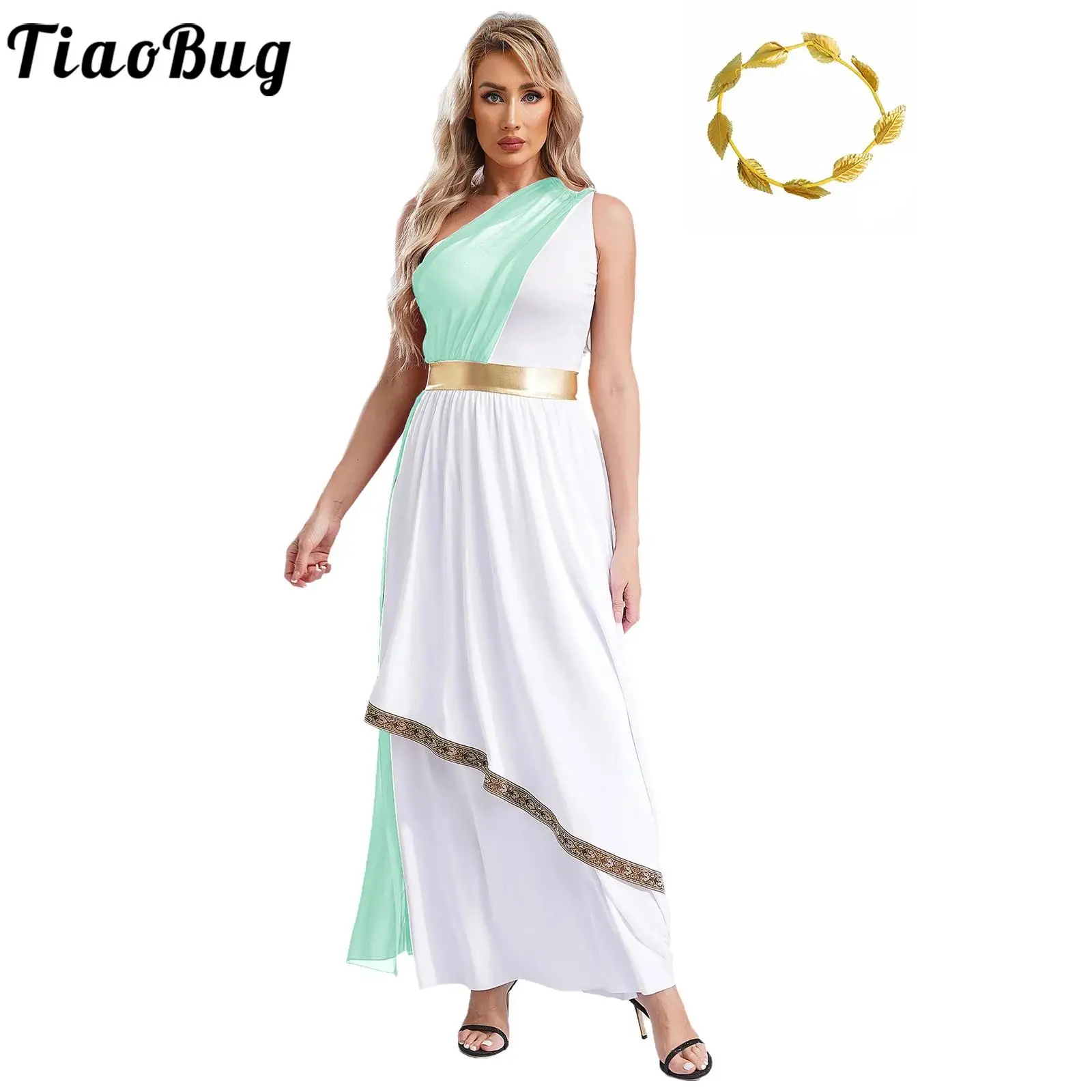 Womens Ancient Greek Toga Dress Halloween Costume Lyrical Praise Dancewear One Shoulder Greece Roman Grecian Queen Cosplay Robe