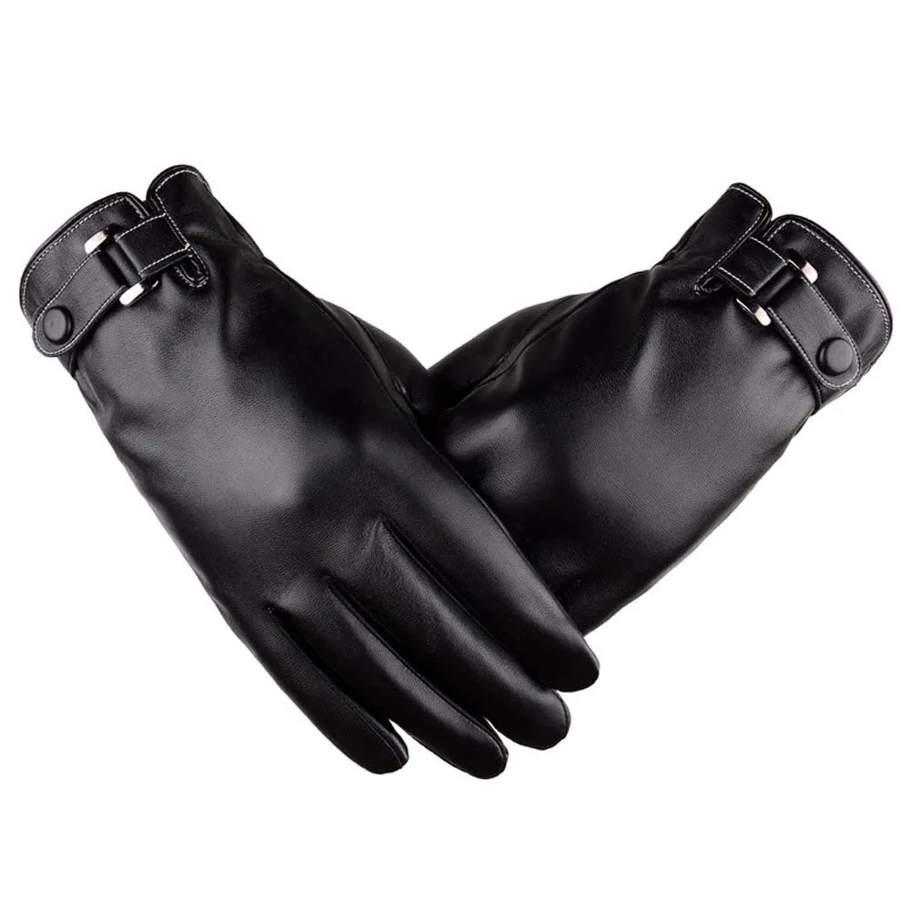 

1pair Soft PU Anti-cold Gloves Touch Screen Solid Color Black Thickened Gloves Warmer Waterproof Men Finger Mittens