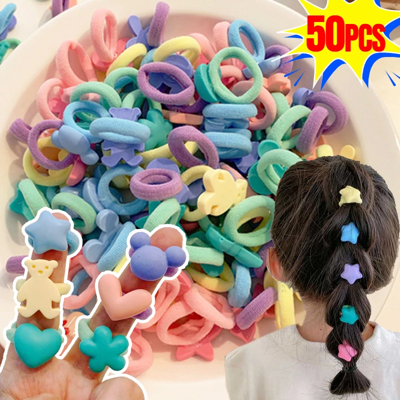 

50pcs Kids Colorful Rubber Band Thumb Cord Headgear Does Not Hurt Hair High Stretch Cartoon Cute Hair Accessories for Baby Girls