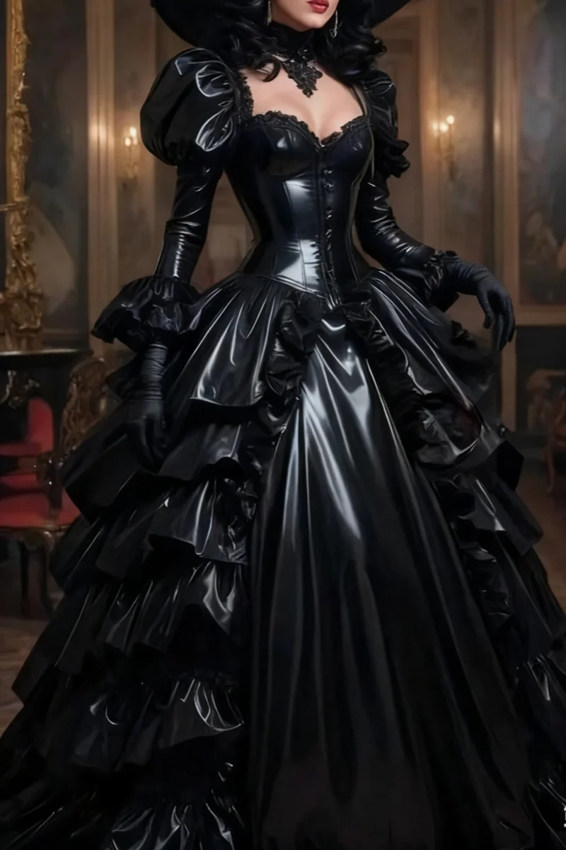Glanzende zwarte gotische betovering avondjurken liefje korset vetersluiting Victoriaanse galajurk met lange mouwen Halloween op maat