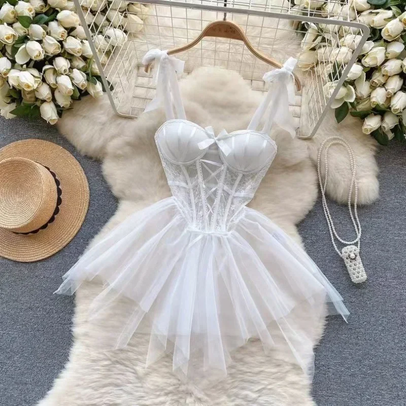 

Women Strap Transparent Backless Mini Dress White Lingerie Sexy Sleepwear Senior Sheer Lace Sensual Nightwear Mesh Nightgown