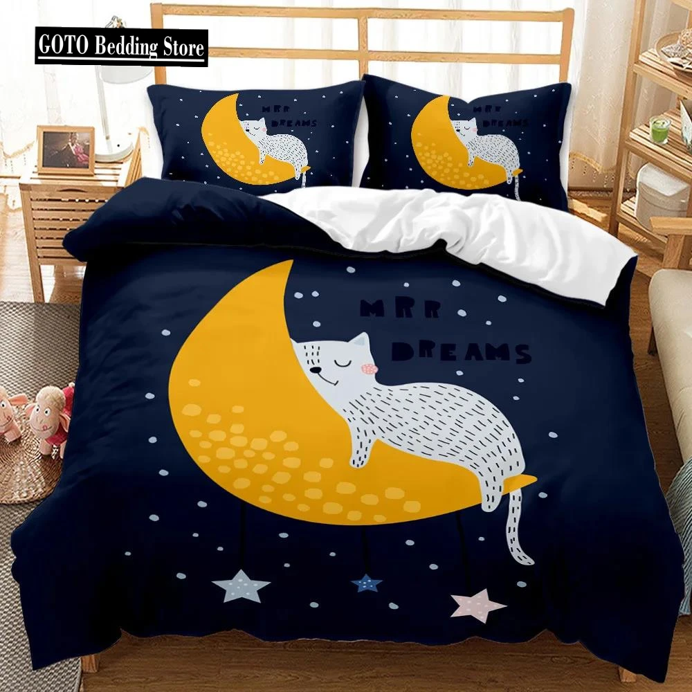 

Housse De Couette 160x200 Cute Kitten Sleeping On The Moon Star 2/3 Pcs/ Set Include Duvet Cover+pillowcase Kids Bedding Set Cat