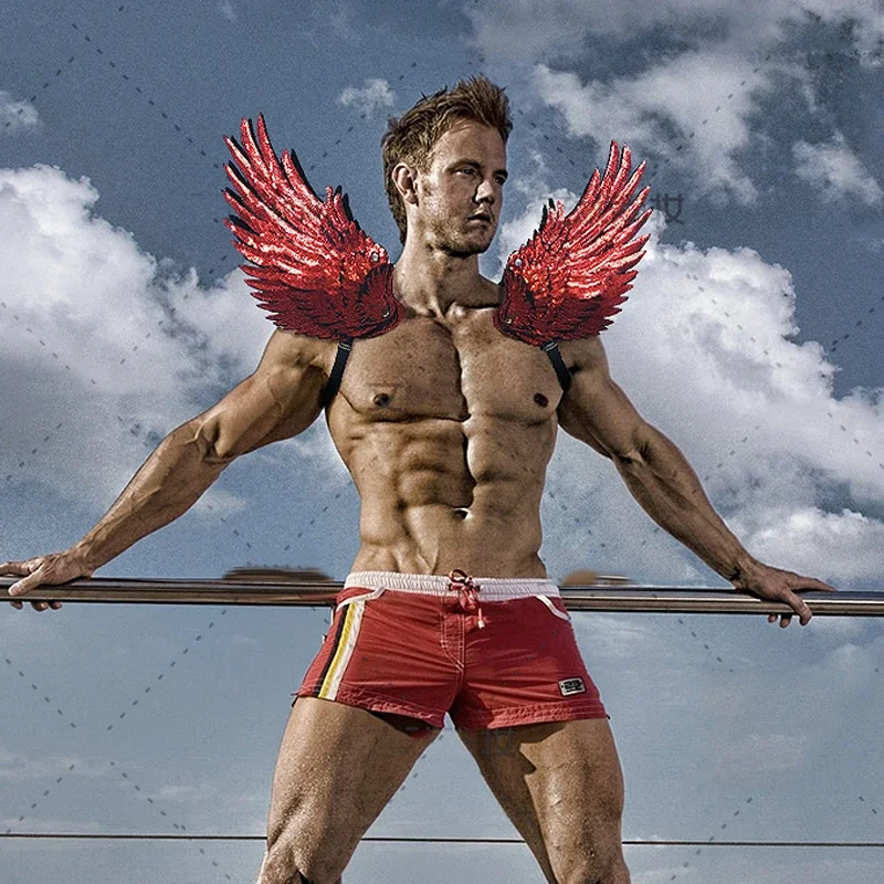 ゴールドスパンコール 3D 羽ナイトクラブ DJ 男性ステージキャットウォークゴーゴーパフォーマンスアクセサリー男性蛍光色肩飾り 2490