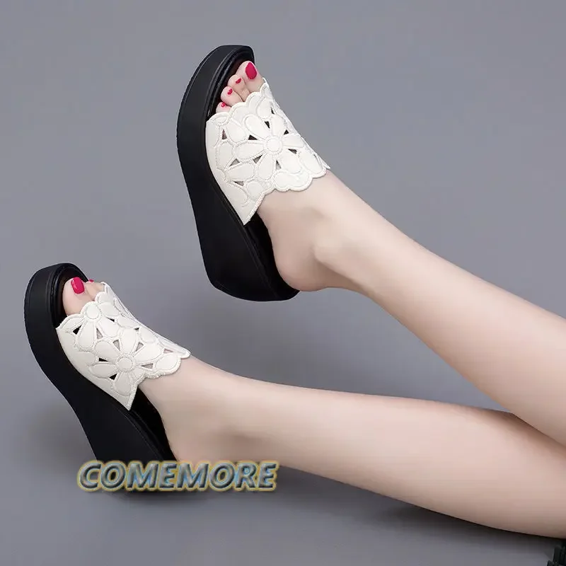 Platform Black Summer Women\'s Sandals PU Leather Wedges High Heel Hollow Peep Toe Female Ladies Shoes Beach Slippers Rome Style