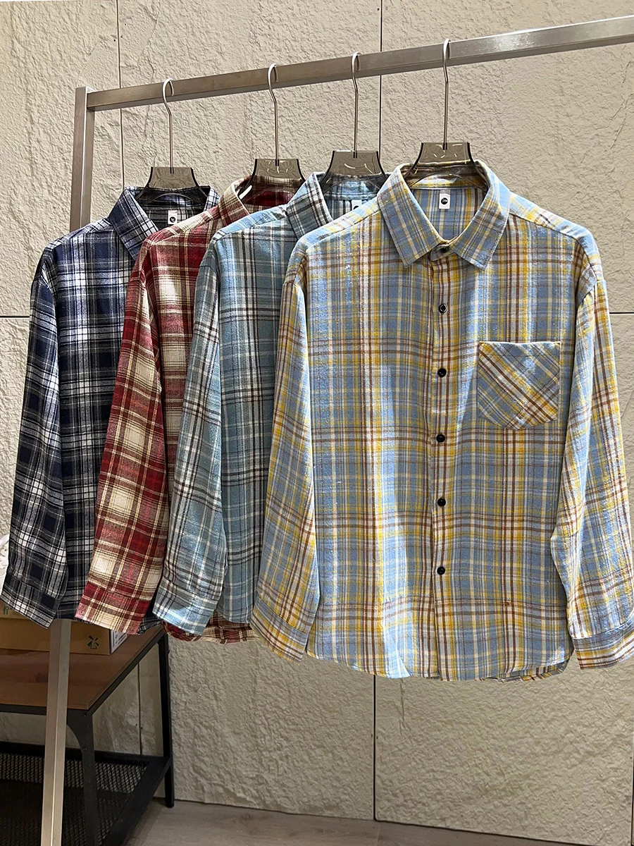 

Classic Plaid Long Sleeve Shirt Washed Denim Fleece Unisex Autumn Wear Breathable Casual Style Polyester Cotton Blend