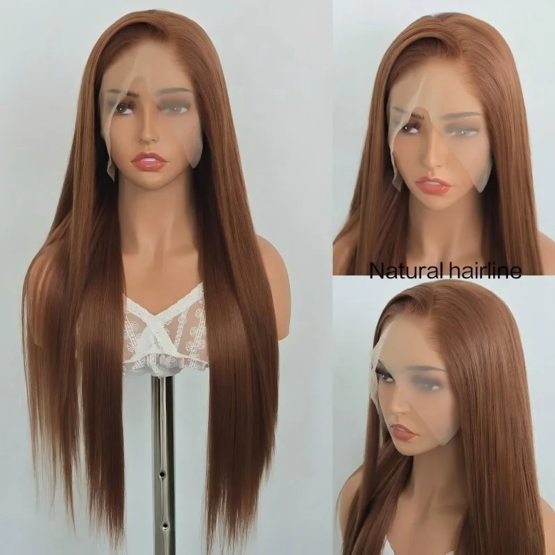 

26 Inch Light Brown Straight Synthetic Lace Front Wig, Full Back View Display, Silky Sleek Straight Texture, Uniform Length