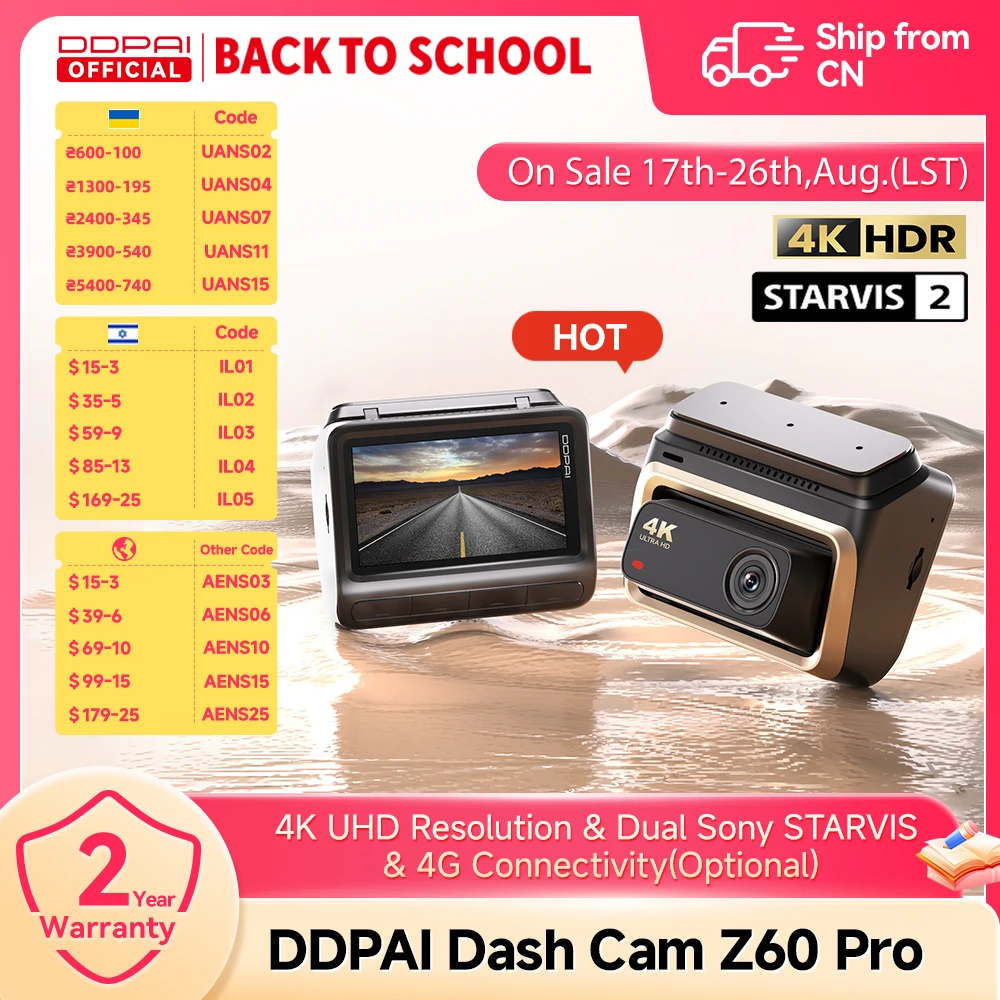 Câmera Veicular DDPAI Z60 Pro 4K com GPS, Câmera Frontal para Carro com Sensor Dual SONY, WiFi, ADAS, Visão Noturna, Gravador de Vídeo DVR