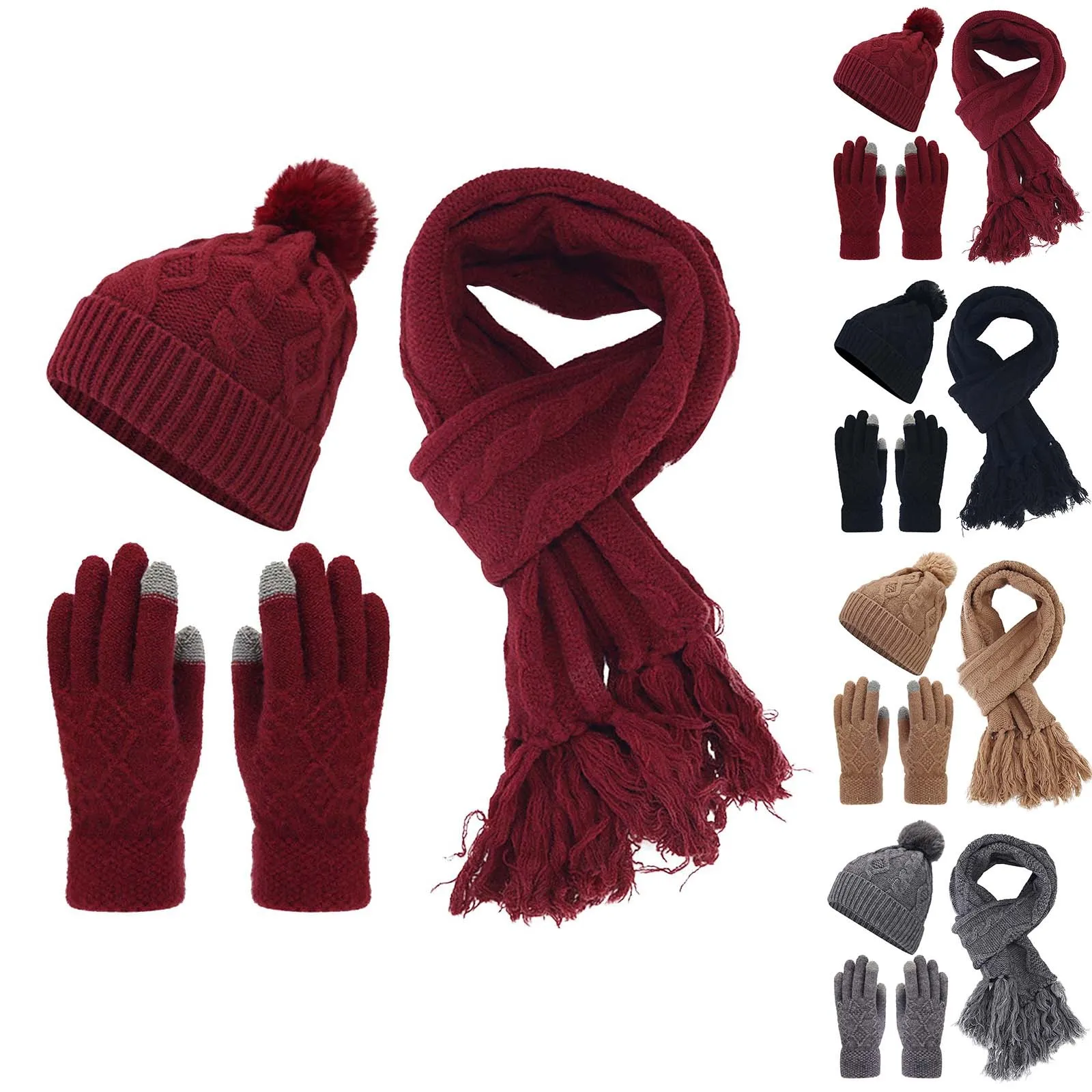 

Winter Women Hat Scarf Gloves 3pcs/Set Twisted Ribbon Tassel Scarf Touchscreen Gloves Hair Ball Hat Fleece-lined Keep Warm Set