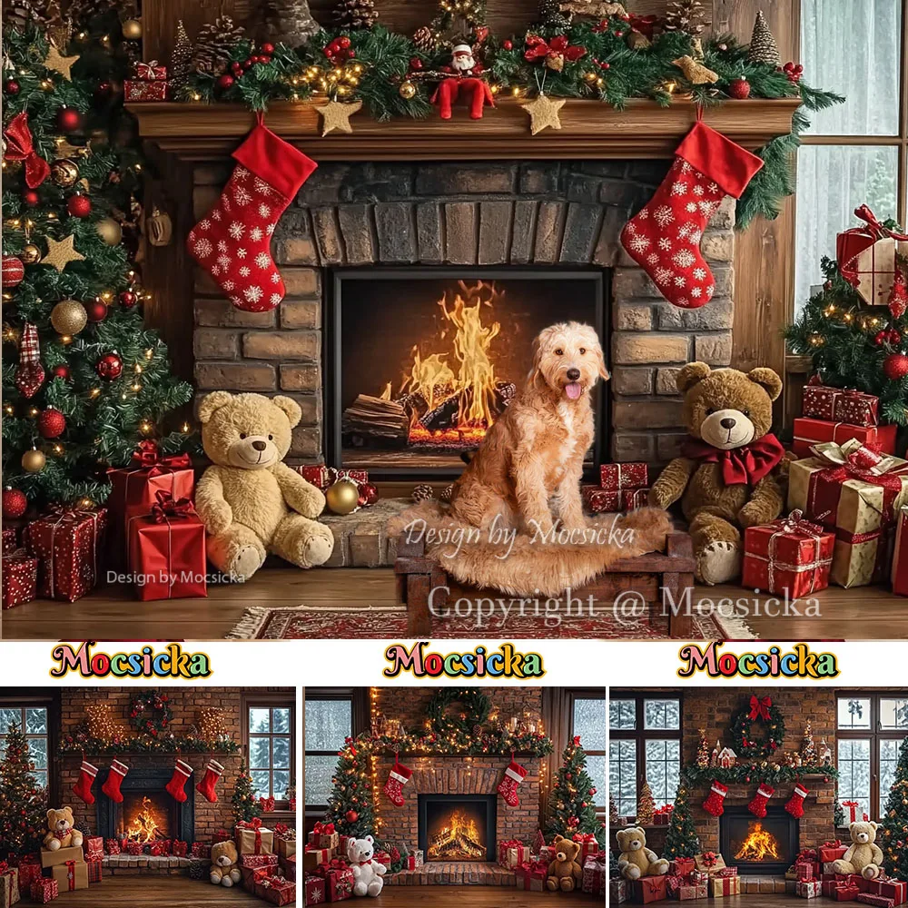 Mocsicka Christmas Fireplace Room Photography Backdrop Stocking Toy Bear Holiday Background Winter Family Portrait Photo Studio