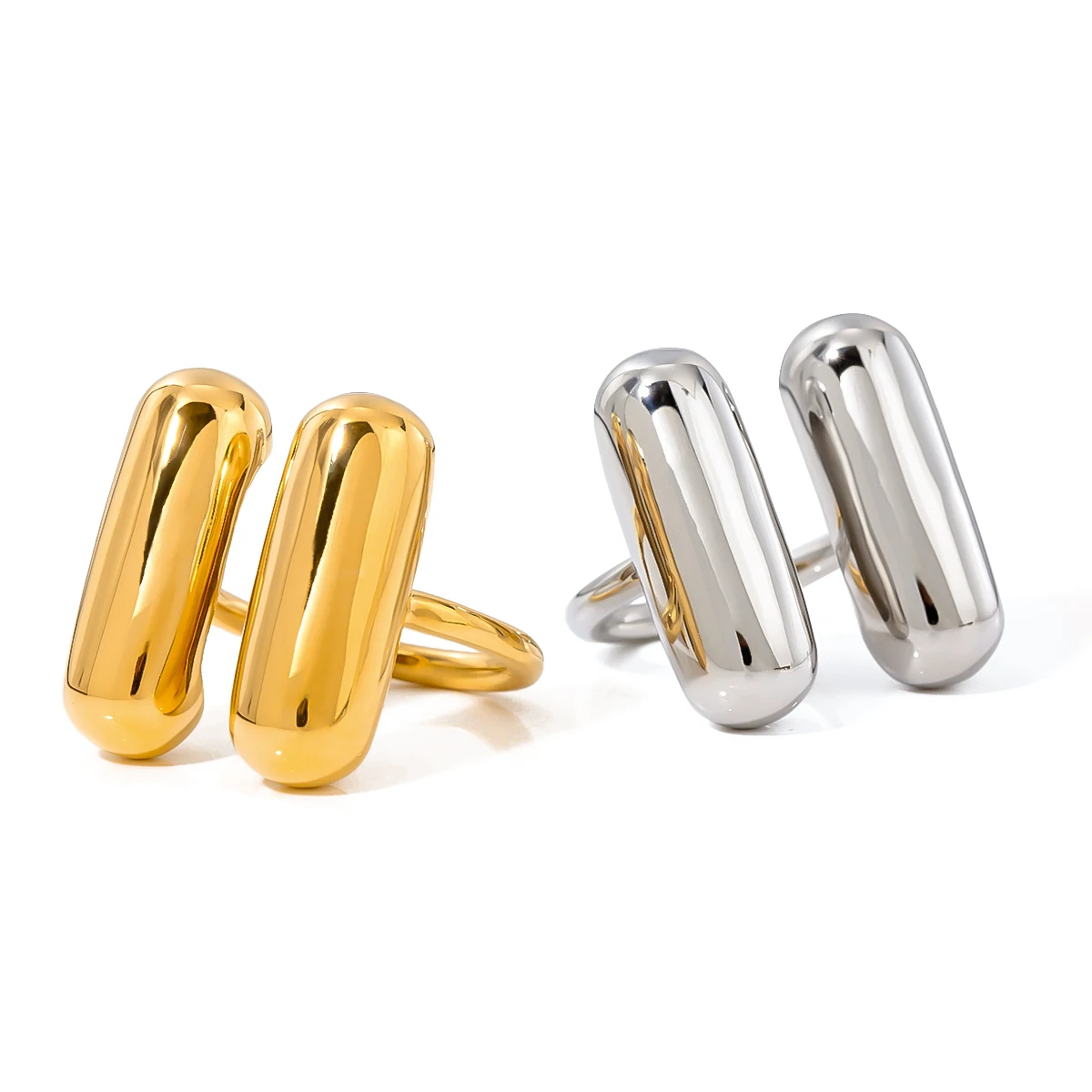 Uworld 18K Gold Stainless Steel Double Spelling Capsule-shaped Open Ring Simple Temperament Design Girls Accessories