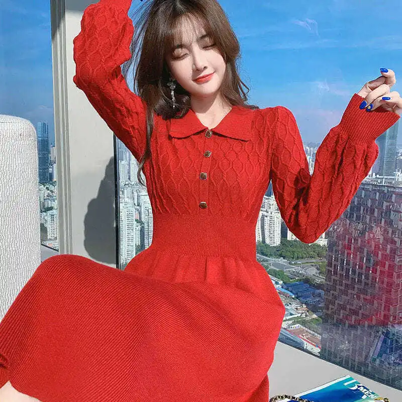 

Fashion Lapel Button Spliced Solid Color Knitted Dress Female Clothing 2024 Autumn Winter New Slim Sweet Princess Dress