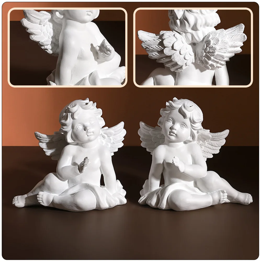 

2Pcs Resin Angel Sculpture Fine Craftsmanship Decorative Art Piece for Living Room Shelf Bedroom Table Scene Layout Supply