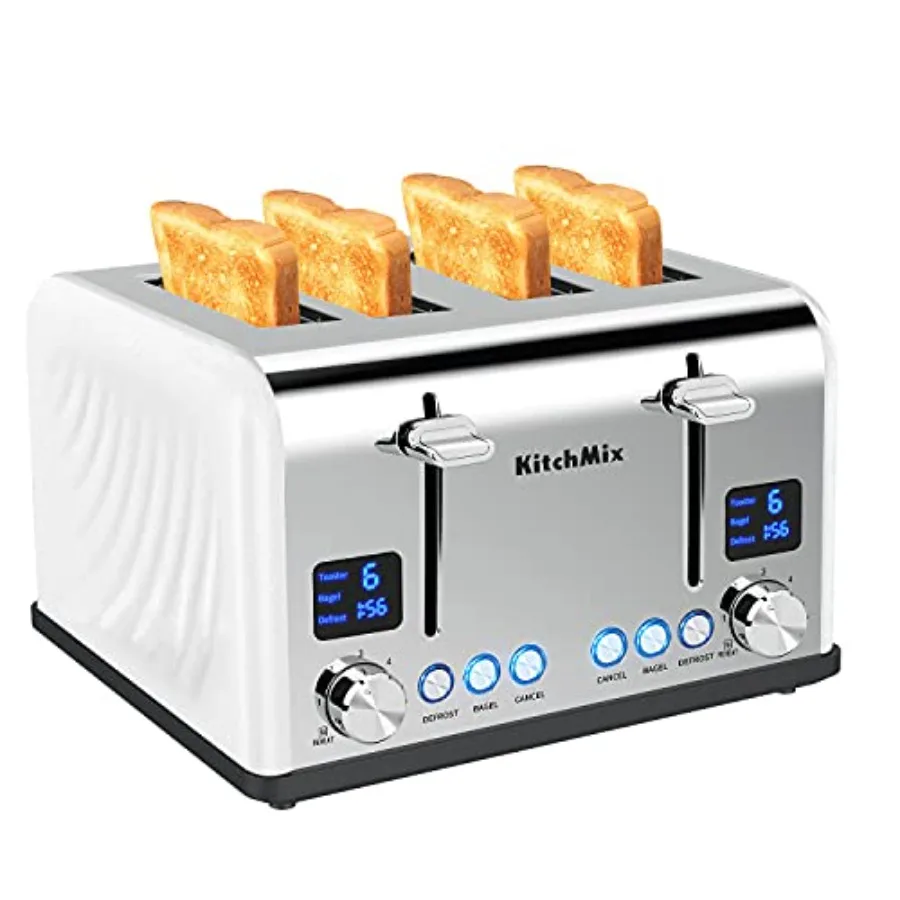 

4-Slice Bagel Toaster with LCD Timer Extra Wide Slots Dual Screen Removable Crumb Tray in White Stainless Steel