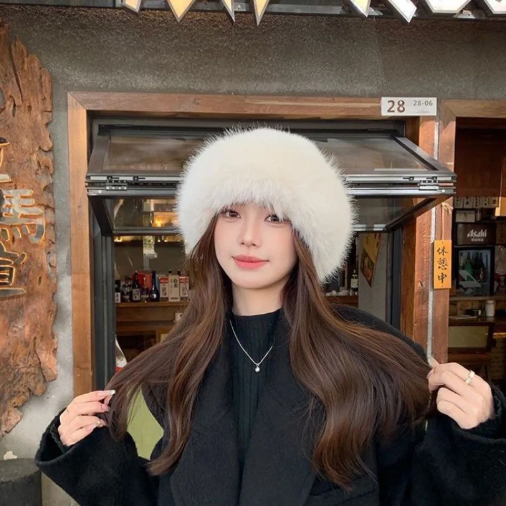 

New Warm Fluffy Fur Bucket Hat Thicken Snowy Day Plush Fisherman Hat Cover Head Cap Ear Protection Winter Hat Women