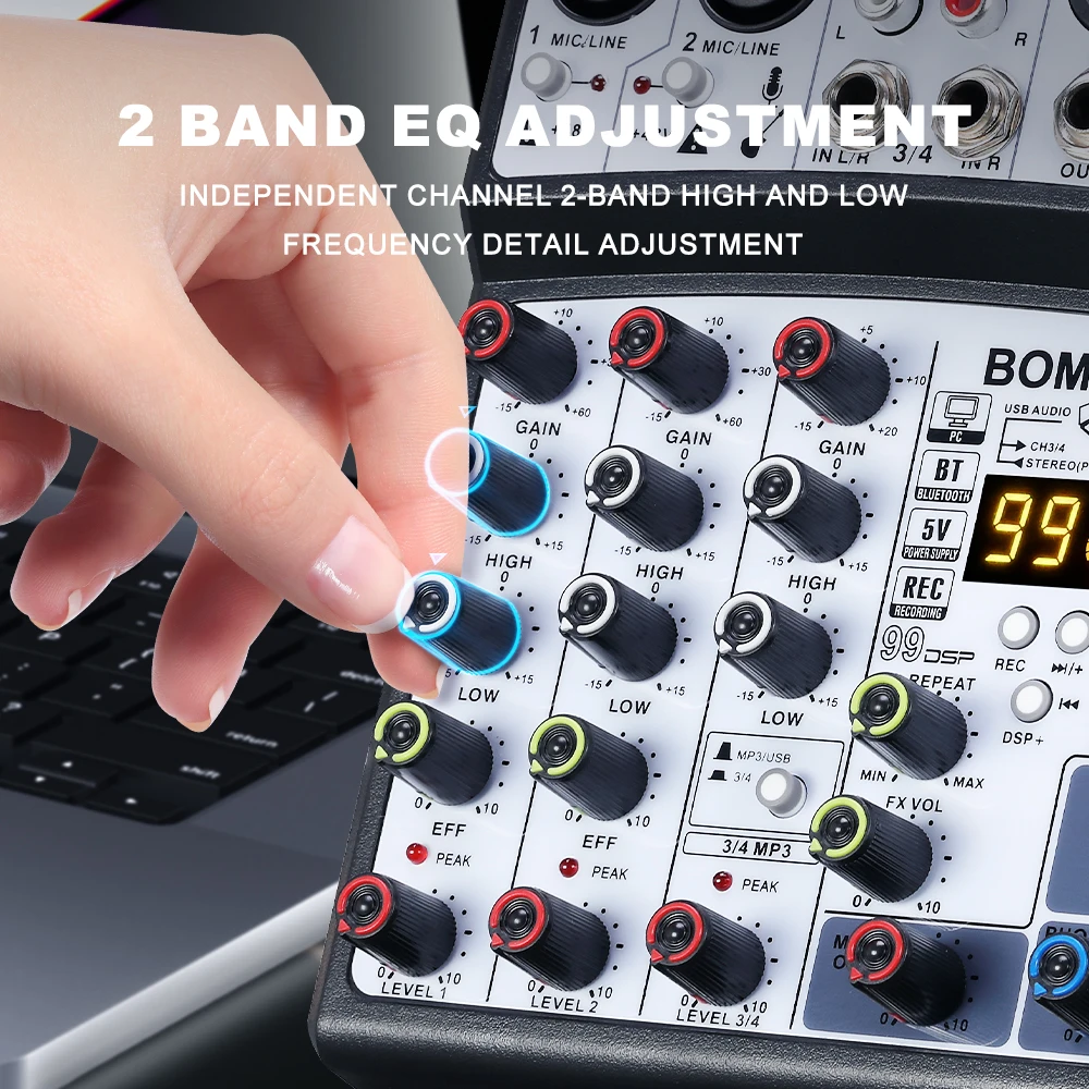 BOMGE 04D 4 قنوات DJ Audio Sound Mixer Interface Mixing Console مع مدخل 99DSP MP3، USB، مدخل بلوتوث، طاقة فانتوم 48 فولت