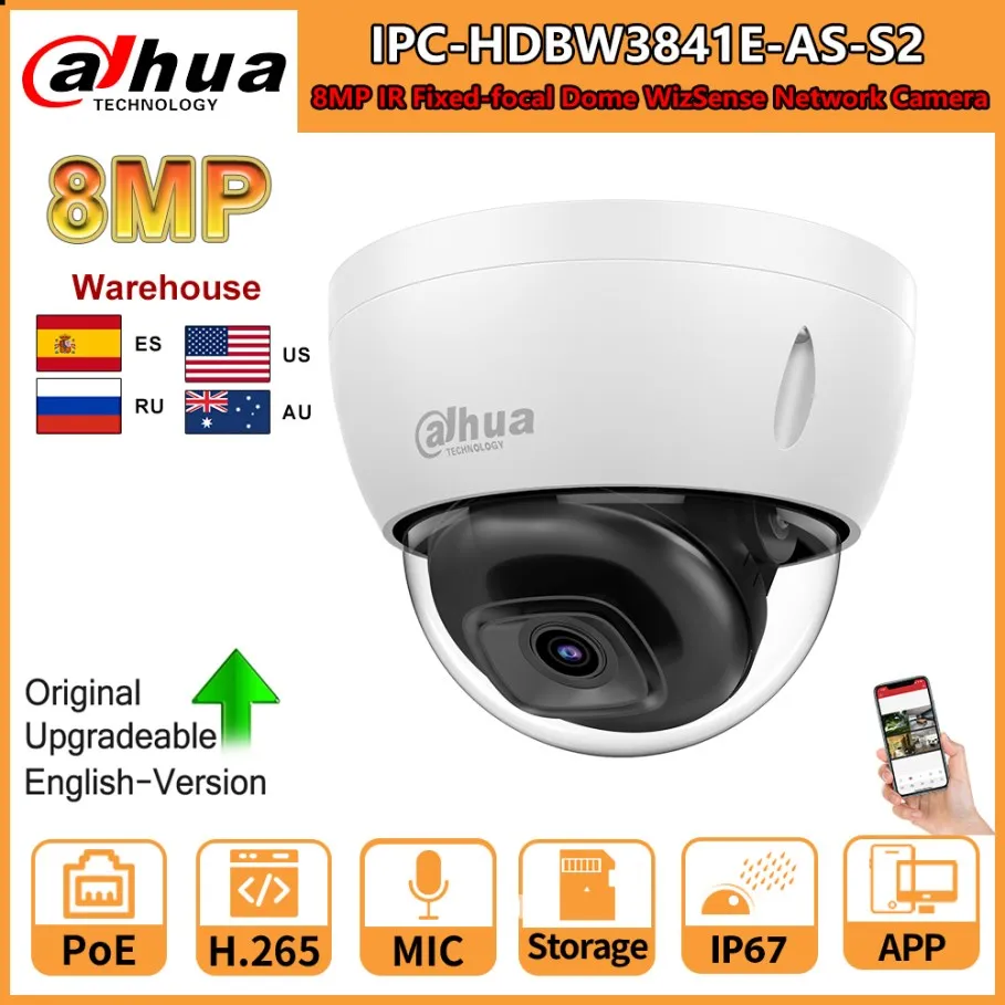 

Dahua 8MP IP Camera IPC-HDBW3841E-AS-S2 IR POE Fixed-focal Dome WizSense Network Camera Built in MIC Video Surveillance