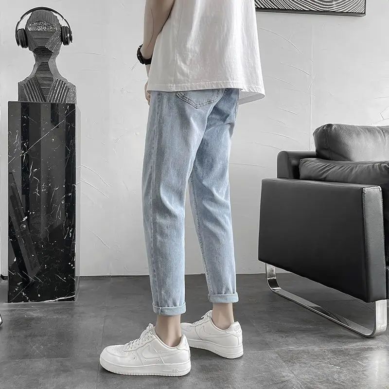 Black and Gray Versatile Small Straight Jeans Men Loose Spring, Spring and Autumn Handsome Casual Small-foot Nine-minute Pants