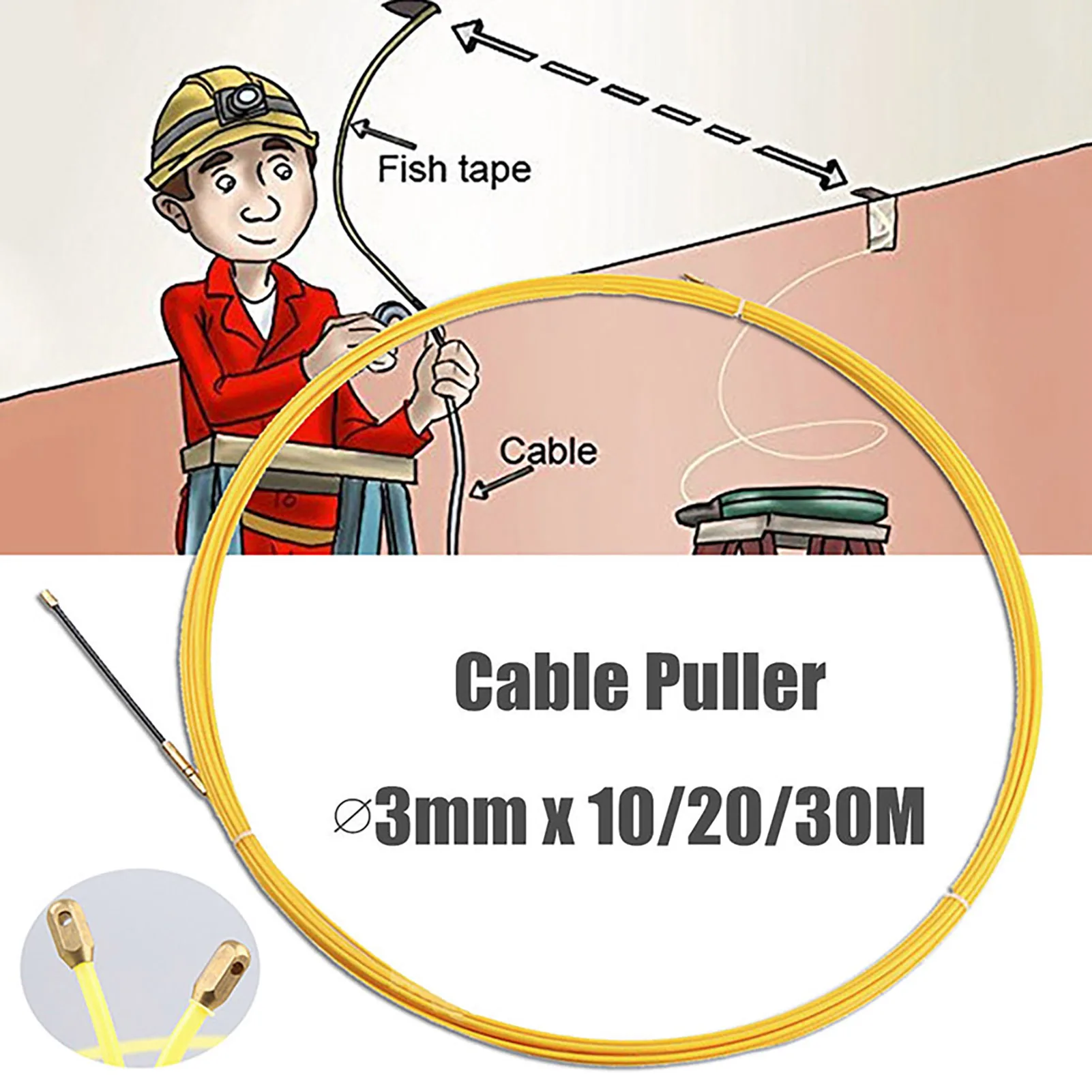 Professional Fiberglass Fish Tape High Tensile Strength for Electrical Installation 3mm Yellow Cable Puller Wire Durable