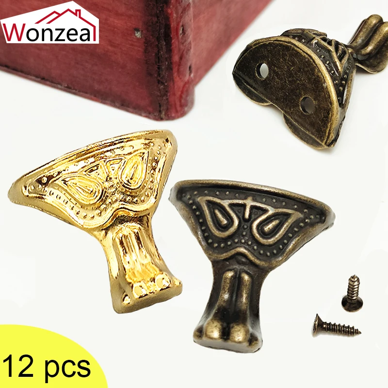 

12pc Antique Vintage Bronze Tone Color Jewelry Chest Wine Box Wooden Case Decor Feet Leg Corner Protector Cover Bracket Support