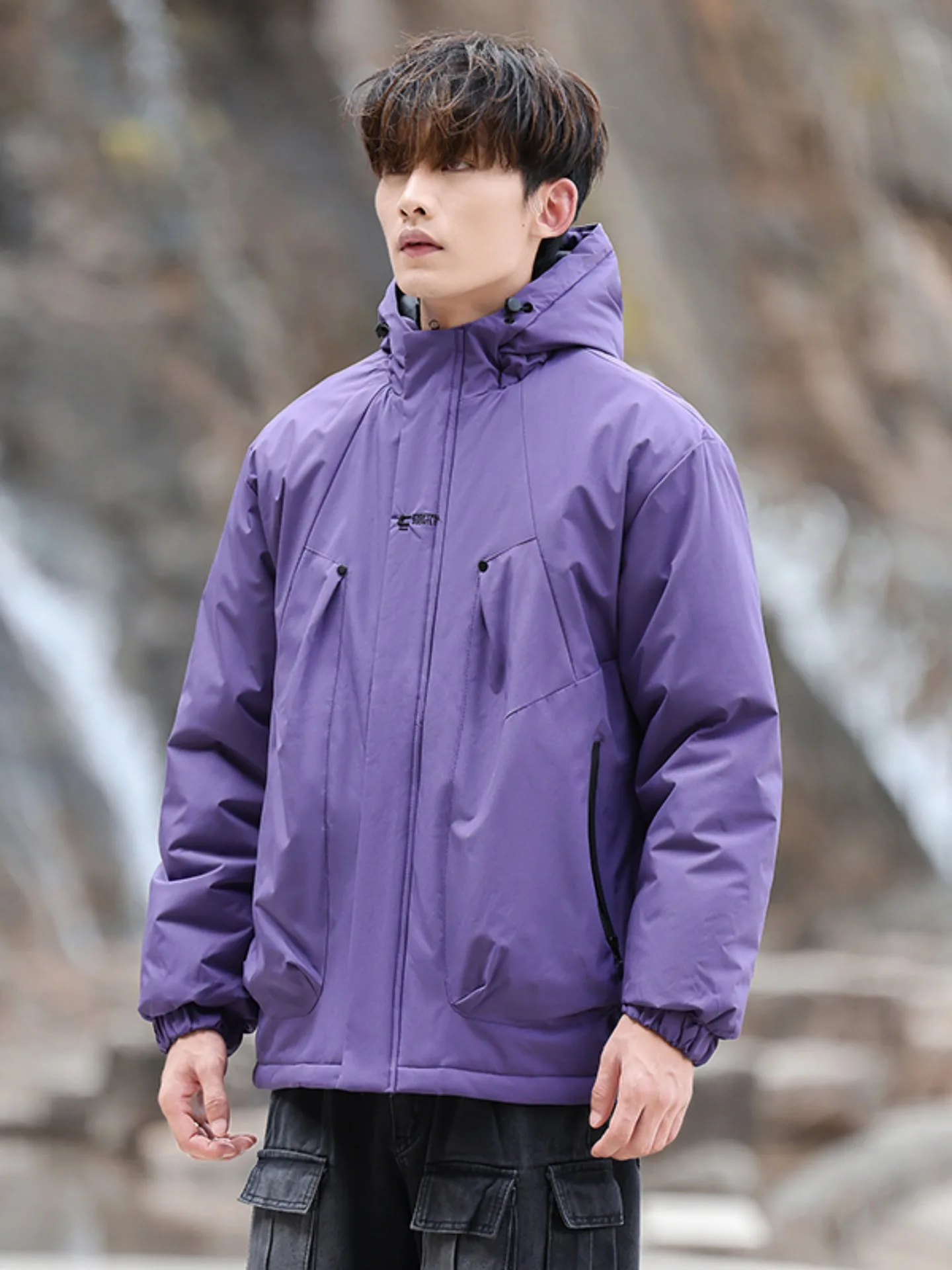 

Thiened Winter Jaet for Men Warmth Outdoor Anti-wind Cotton Workwear Jaet Purple Winter Casual Faion Polyester Fiber