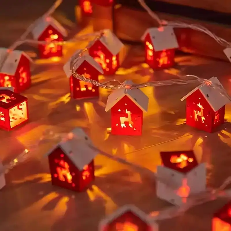 10LED الأحمر منزل خشبي سلسلة ضوء عيد الميلاد غرفة المنزل الديكور شجرة عيد الميلاد حلي معلقة 2026 السنة الجديدة هدايا الاطفال