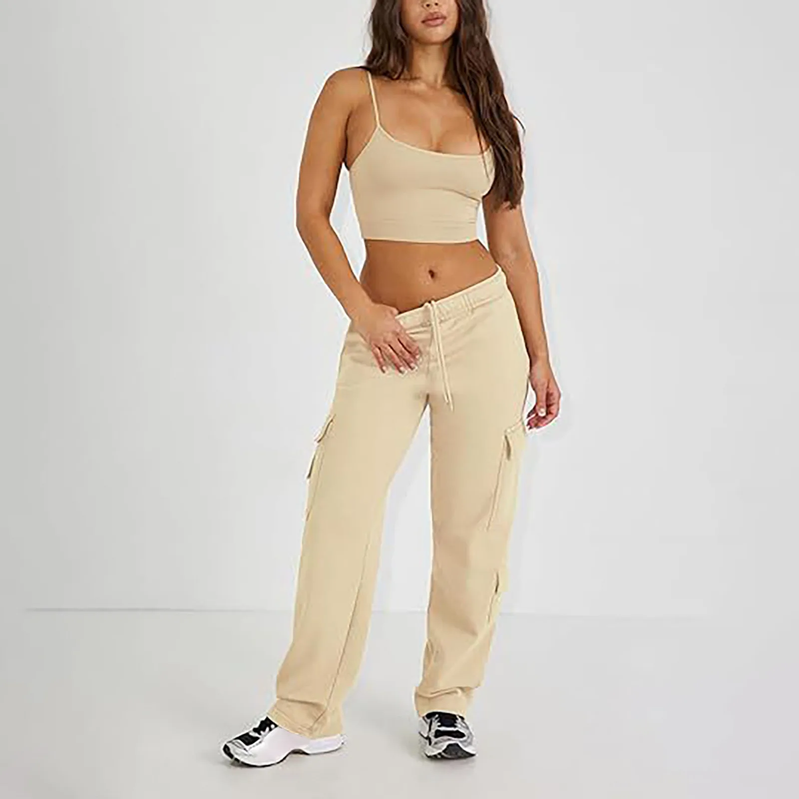 Casual Baggy Cargo Sweatpants สําหรับผู้หญิงเอวต่ําขาตรงกางเกง Joggers กีฬาขาตรง Sweatpants