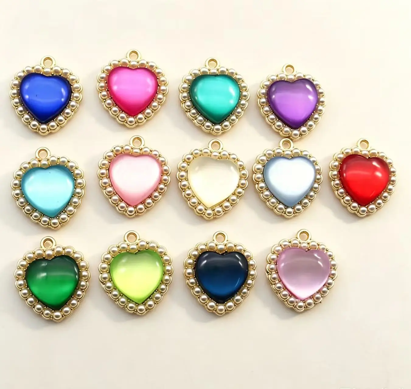5Pcs/Pack Multi‑Color Heart Cat Eye Pendant 27×29mm Pearl Border Alloy Charms for DIY Handcraft Jewelry Accessories