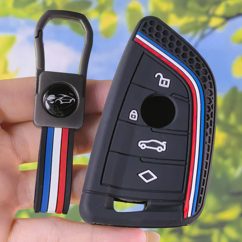 Molded Honeycomb Silicone Key Cover With Keychain For BMW 1‑7 Series X1 X3 X4 X5 X6 X7 F10 F20 F30 G20 G30 Remote Fob Guard