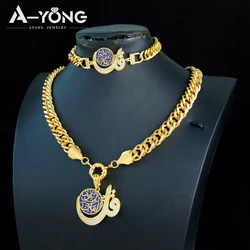Saudi Arabia Muslim Retro Jewelry Set 21k Gold Plated Dubai Hip Hop Zirconia Cuban Necklace Bracelet Moroccan Wedding Jewelrys