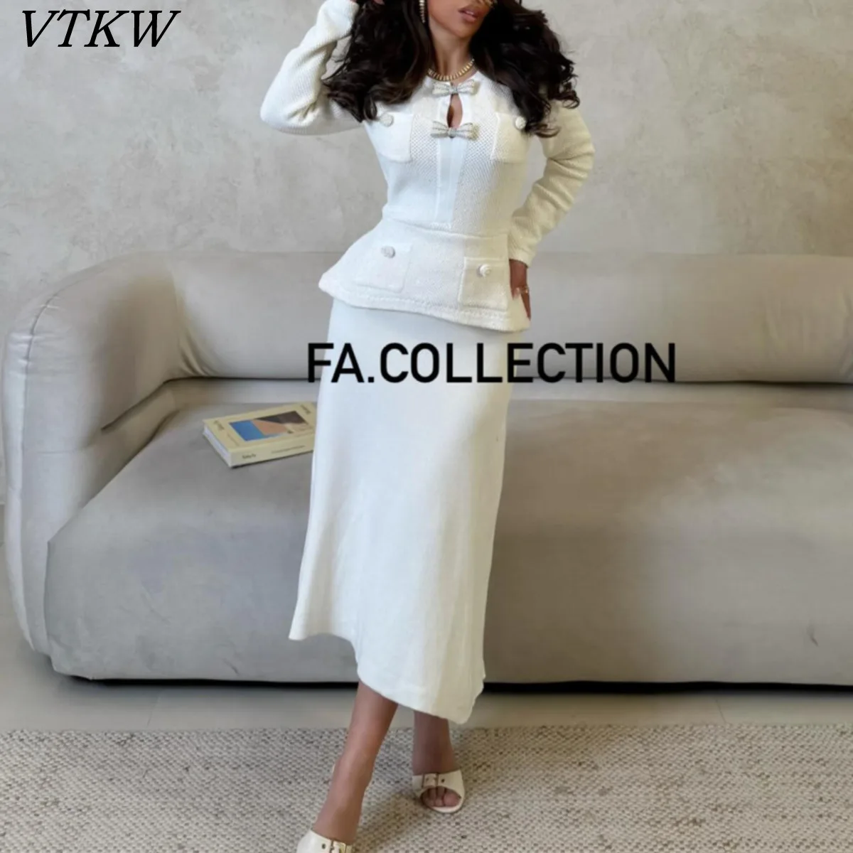 

VTKW 2026 New Women Two Piece Knit Suit Set Bow Embellished Keyhole Neckline Fitted Waist Midi Skirt Elegant Party Outfit