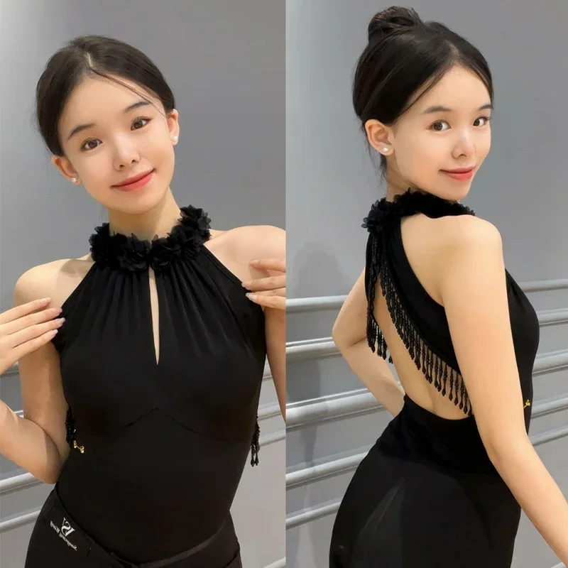 

2023 Ballroom Dance Clothes Women Latin Practice Performance Wear Flower Neck Tassel Backless Bodysuit Rumba Dance Tops DNV18903